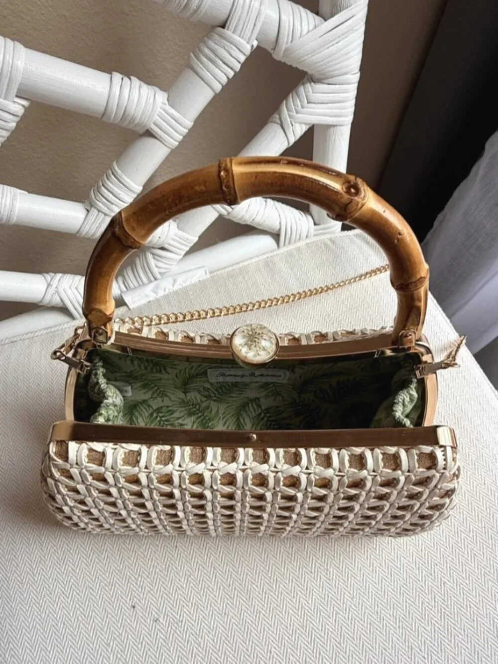 Tommy Bahama Woven Bamboo Handle Clutch Crossbody Chain Bag White Gold NWT